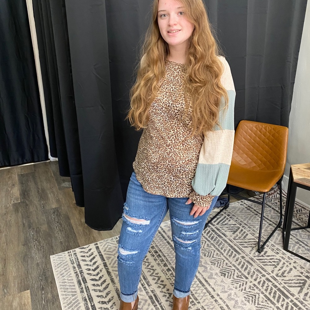 Sage Cheetah waffle knit Top